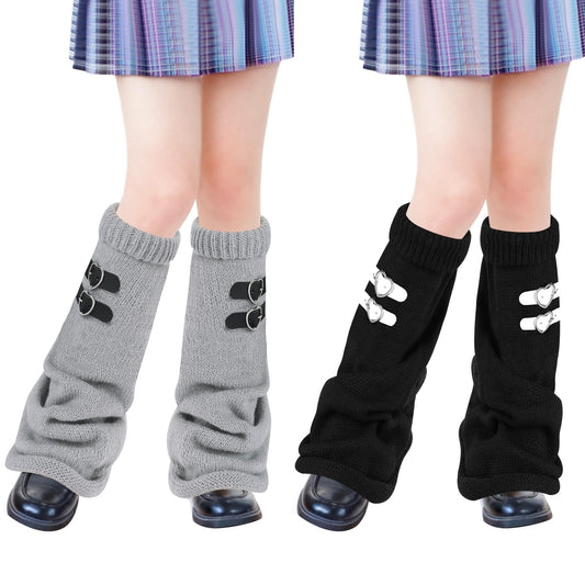 Junely Leg Warmers for Women Winter Kawaii Leg Warmer Cute Legwarmers with Adjustable Belt Buckle Japanese Socks Goth Emo Lolita Gyaru Gothic Harajuku Accessories Black Grey