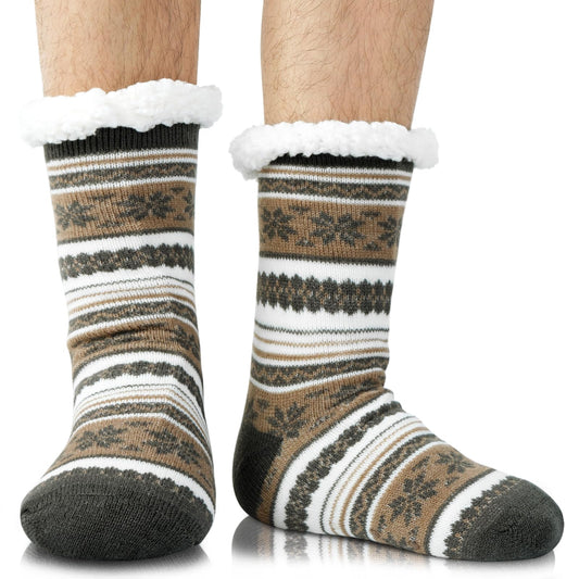 Junely Slipper Socks for Men with Grippers Fuzzy Cozy Fluffy Non Slip Warm Winter Thick Comfy Soft Fleece Cabin Socks Christmas Gifts Snowflake Brown