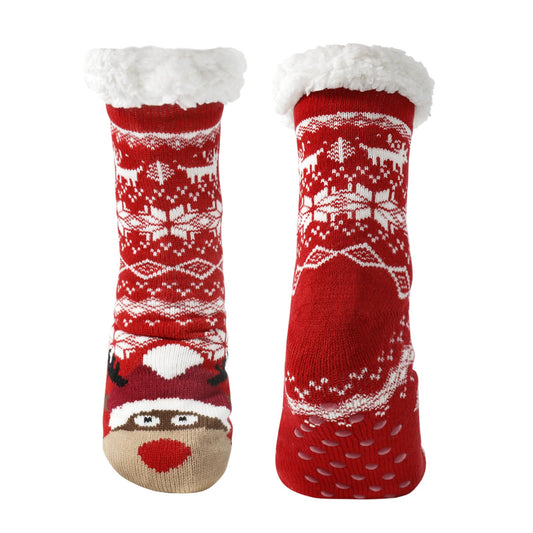 Junely Christmas Slipper Socks with Grips for Women Deer Fuzzy Cozy Fluffy Non Slip Warm Winter Thick Comfy Soft Fleece Cabin Socks Red