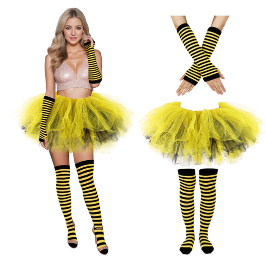 Junely Bee Costume Adult Women Black and Yellow Tutu Striped Thigh High Socks Fingerless Gloves Halloween Cosplay Costumes Accessories