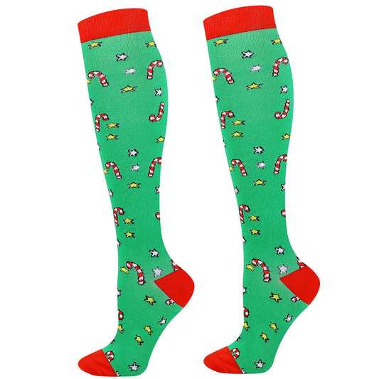 Junely Christmas Compression Socks for Women Knee High Candy Cane Socks for Running Athletic Nurses Pregnant Women Work Support Travel Flight Sports Gifts Green