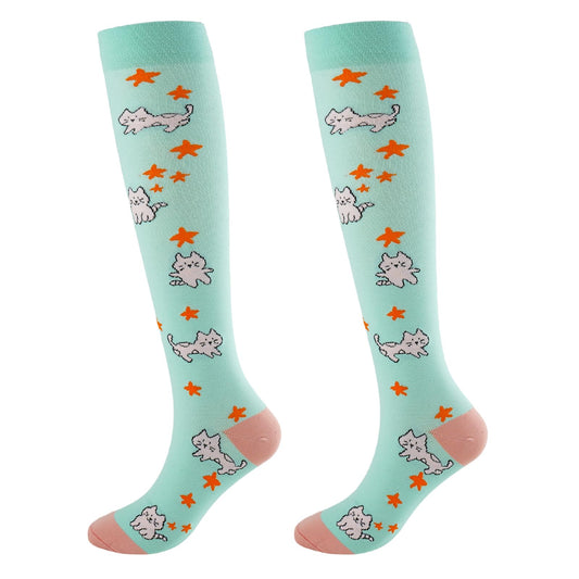 Junely Compression Socks for Women Cat Knee High Stockings for Running Athletic Nurses Pregnant Women Work Support Travel Flight Sports Cat Gifts Blue