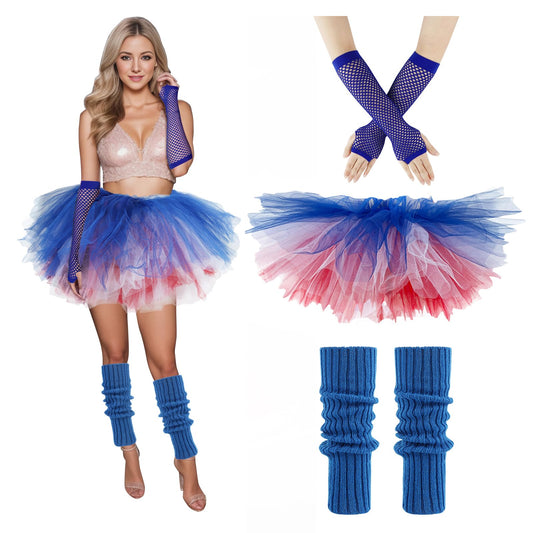 Junely Red White Blue Tutu for Women Adults and Leg Warmers and Fingerless Gloves 4th of July Accessories for Ballet Dance Running