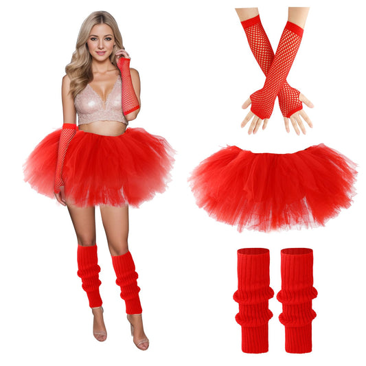 Junely Tutu for Women Adults and Leg Warmers and Fingerless Gloves Valentines Halloween Christmas Costume Accessories for Ballet Dance Running Red