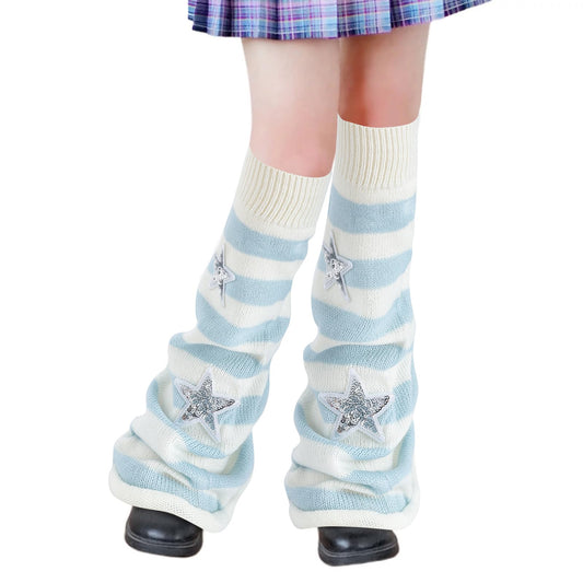 Junely Leg Warmers Kawaii Leg Warmer Cute Legwarmers Striped Japanese Socks Emo Lolita Gyaru Harajuku Accessories Blue White