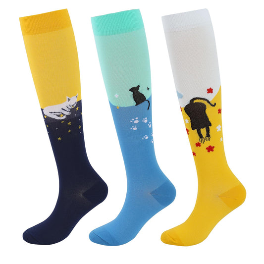 Junely Compression Socks for Women Cat Knee High Stockings for Running Athletic Nurses Pregnant Women Work Support Travel Flight Sports Gifts White Blue Yellow