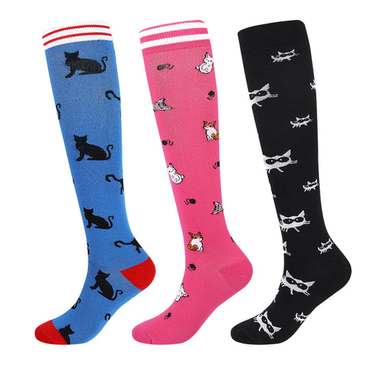 Junely Compression Socks for Women Cat Knee High Socks for Running Athletic Nurses Pregnant Women Work Support Travel Flight Sports Pink Black Blue