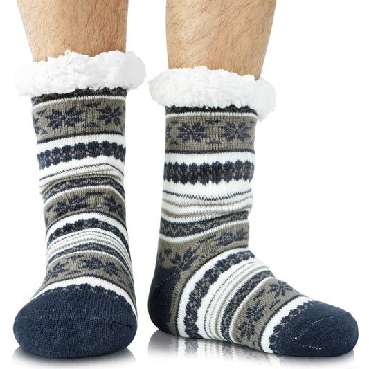 Junely Slipper Socks for Men with Grippers Fuzzy Cozy Fluffy Non Slip Warm Winter Thick Comfy Soft Fleece Cabin Socks Christmas Gifts Snowflake Blue