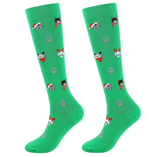 Junely Christmas Compression Socks for Women Knee High Christmas Cat Socks for Running Athletic Nurses Pregnant Women Work Support Travel Flight Sports Gifts Green