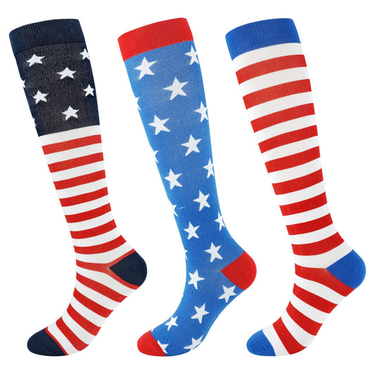 Junely American Flag Compression Socks for Women Patriotic Knee High Socks for 4th of July Running Athletic Nurses Pregnant Women Work Support Travel Flight Sports Gifts Red White Blue