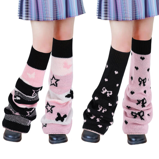 Junely Leg Warmers for Women Winter Kawaii Leg Warmer Cute Legwarmers with Butterfly Bow Japanese Socks Goth Emo Lolita Gyaru Gothic Harajuku Accessories Pink Black