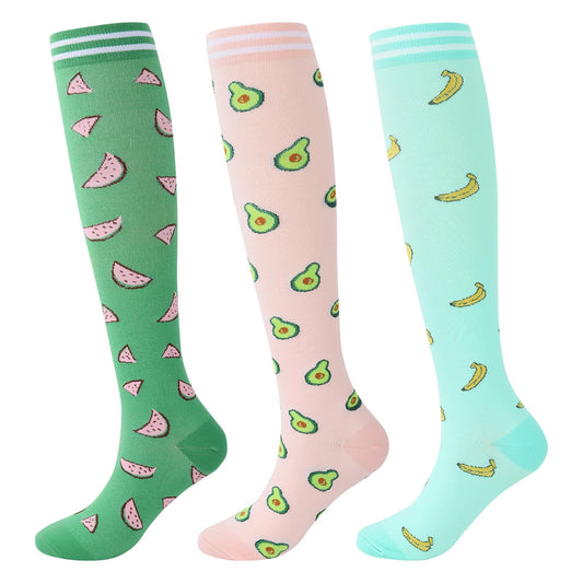 Junely Compression Socks for Women Banana Avocado Watermelon Knee High Socks for Running Athletic Nurses Pregnant Women Work Support Travel Flight Sports Fruit Themed Gifts Pink Blue Green