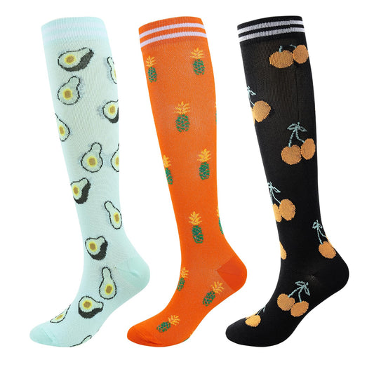 Junely Compression Socks for Women Fruit Knee High Stockings with Cherry Pineapple Avocado for Running Nurses Support Travel Pregnancy Gifts Black Blue Orange