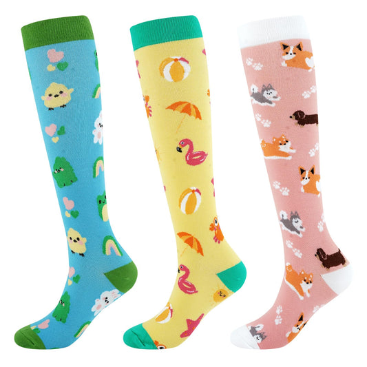 Junely Compression Socks for Women Animal Knee High Stockings for Running Nurses Support Travel Pregnancy Gifts Blue Pink Yellow