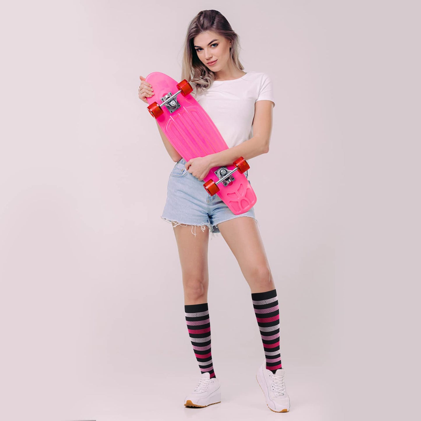 Junely Compression Socks for Women 20-30 mmhg Striped Knee High Stockings for Running Athletic Nurses Pregnant Women Work Support Travel Flight Sports Pink