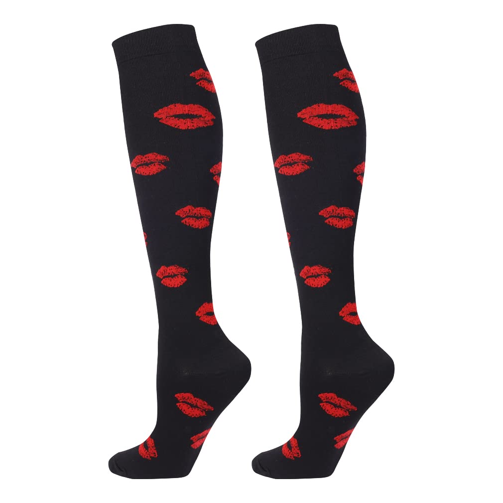 Junely Valentines Day Compression Socks for Women 20-30 mmhg Knee High Lip Socks for Valentine Running Athletic Nurses Pregnant Women Work Support Travel Flight Sports Black