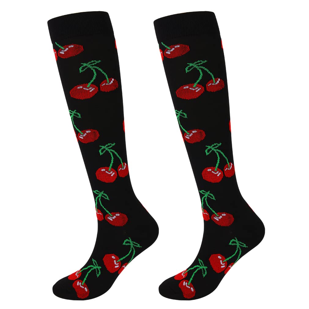 Junely Compression Socks for Women 20-30 mmhg Cherry Knee High Socks for Running Athletic Nurses Pregnant Women Work Support Travel Flight Sports Black
