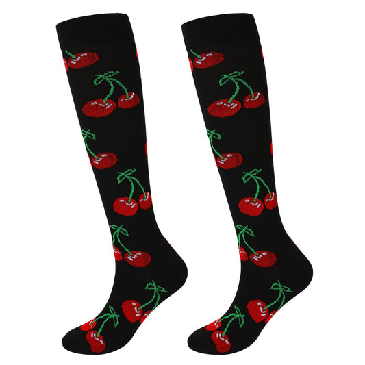 Junely Compression Socks for Women 20-30 mmhg Cherry Knee High Socks for Running Athletic Nurses Pregnant Women Work Support Travel Flight Sports Black