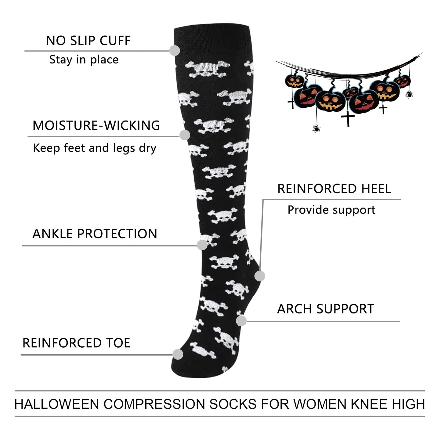 Junely Compression Socks for Women 20-30 mmhg Knee High Skull Socks for Halloween Running Athletic Nurses Pregnant Women Work Support Travel Flight Sports Gifts Black