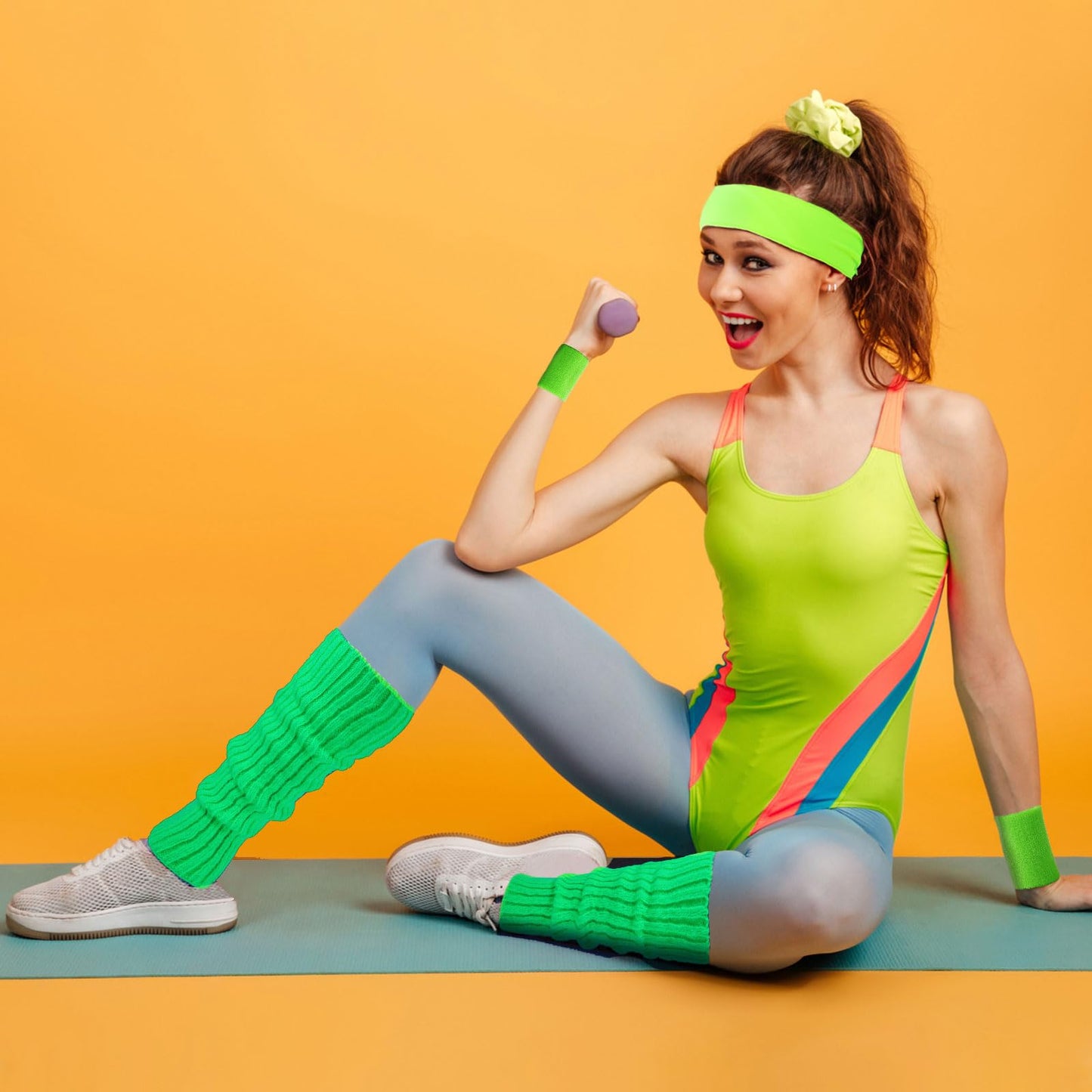 Junely 80s Accessories for Women Neon Leg Warmers Headband and Wristbands Set Knit Legwarmers for Ballet Dance Figure Skating Ice Skating Boot Green