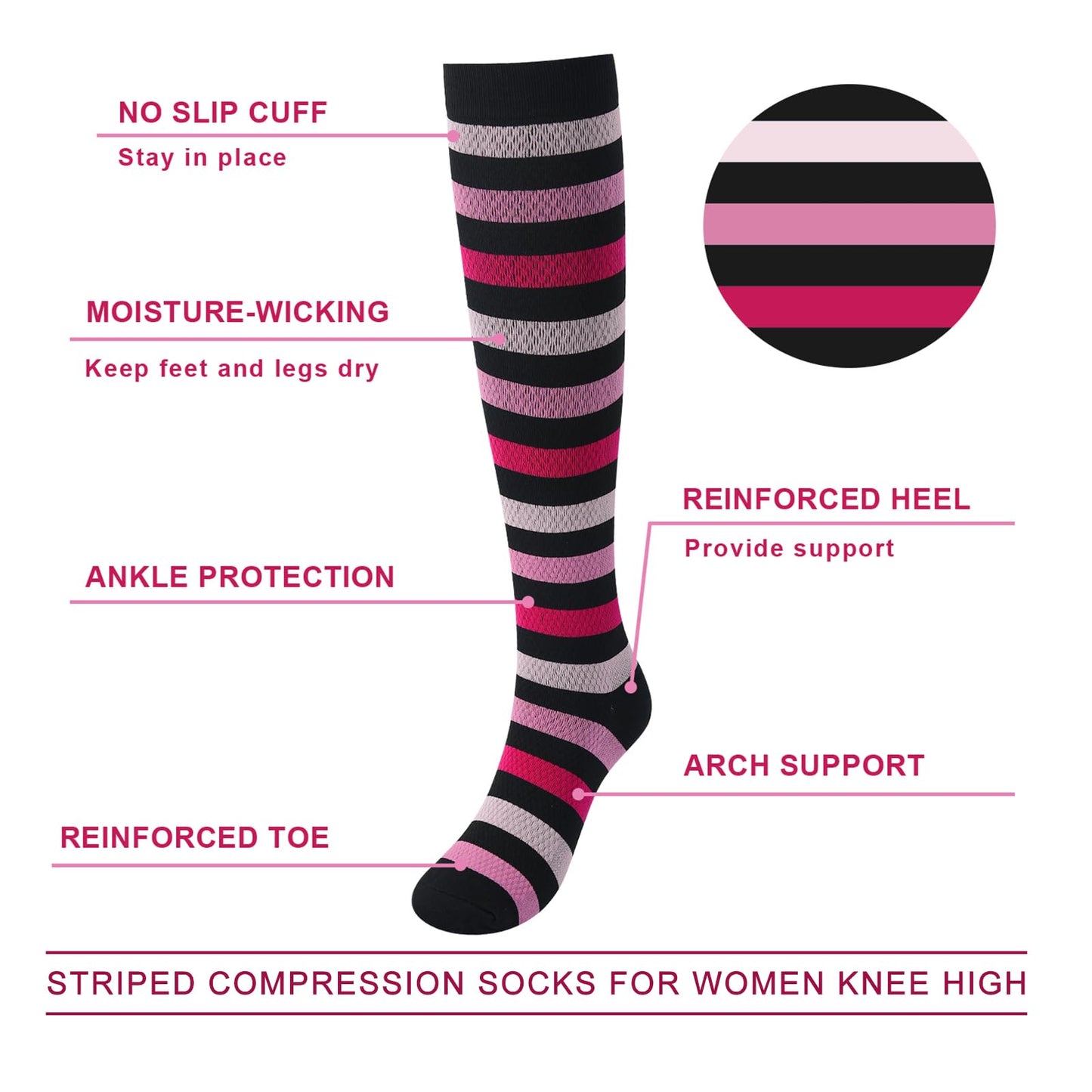 Junely Compression Socks for Women 20-30 mmhg Striped Knee High Stockings for Running Athletic Nurses Pregnant Women Work Support Travel Flight Sports Pink