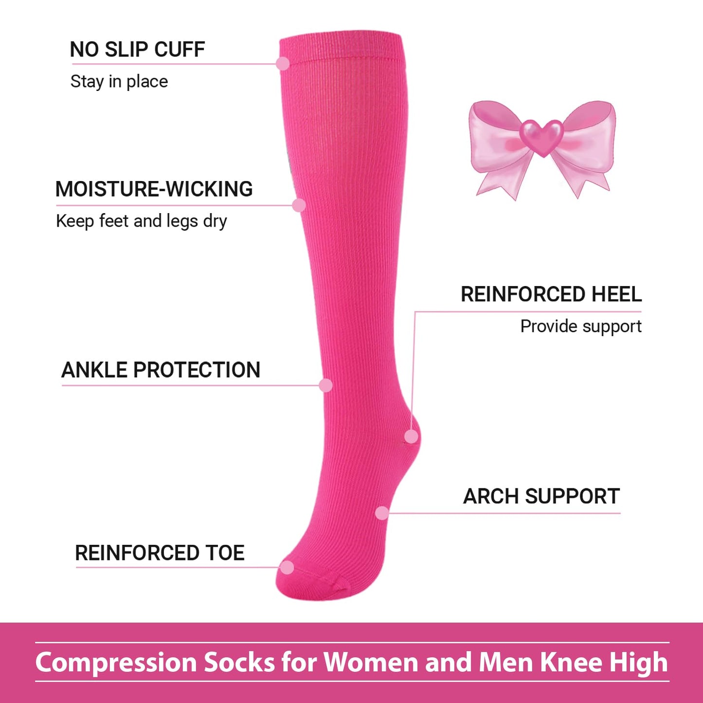 Junely Compression Socks for Women Knee High for Halloween Running Athletic Nurses Pregnant Women Work Support Travel Flight Sports Gifts Hot Pink