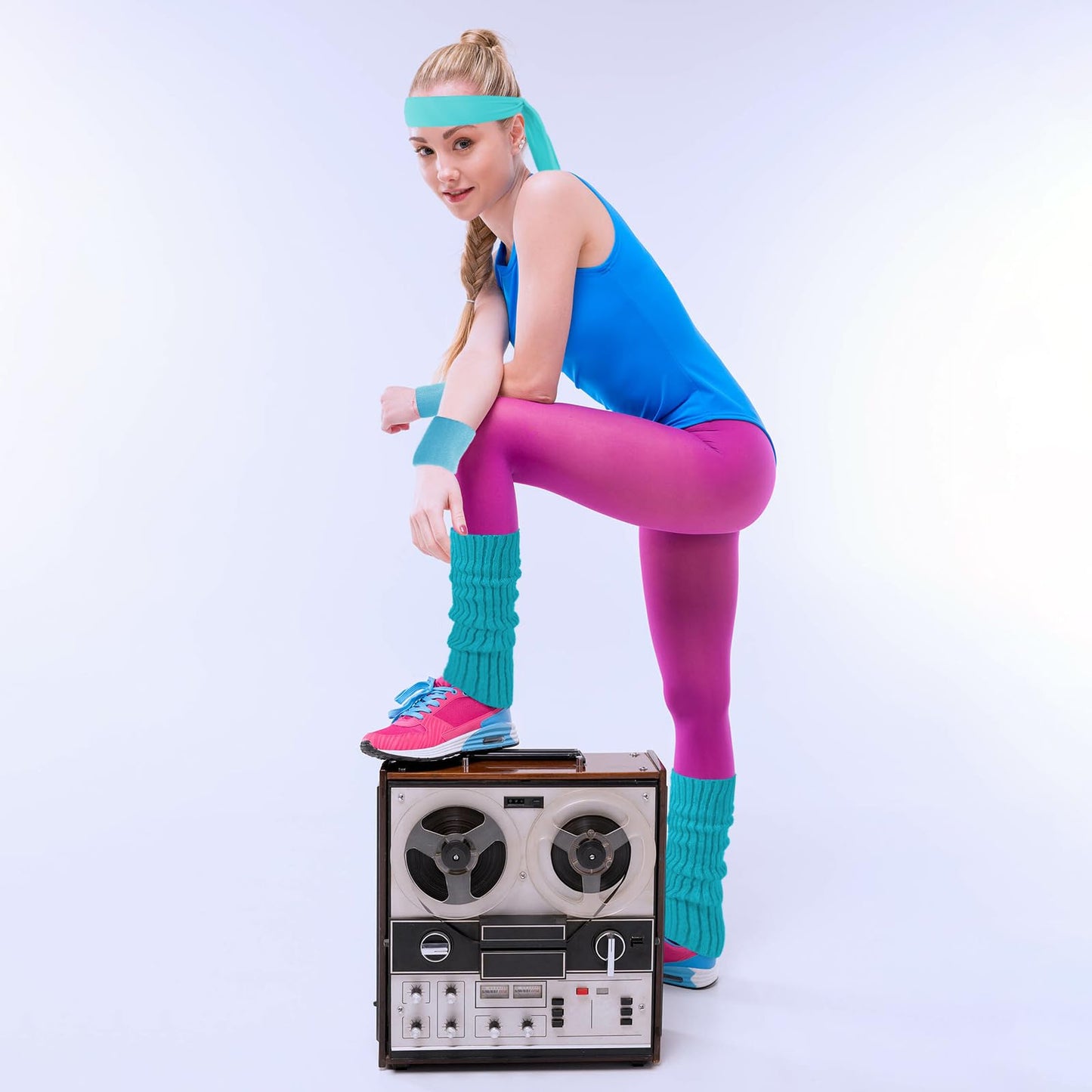 Junely 80s Accessories for Women Neon Leg Warmers Headband and Wristbands Set Knit Legwarmers for Ballet Dance Figure Skating Ice Skating Boot Blue