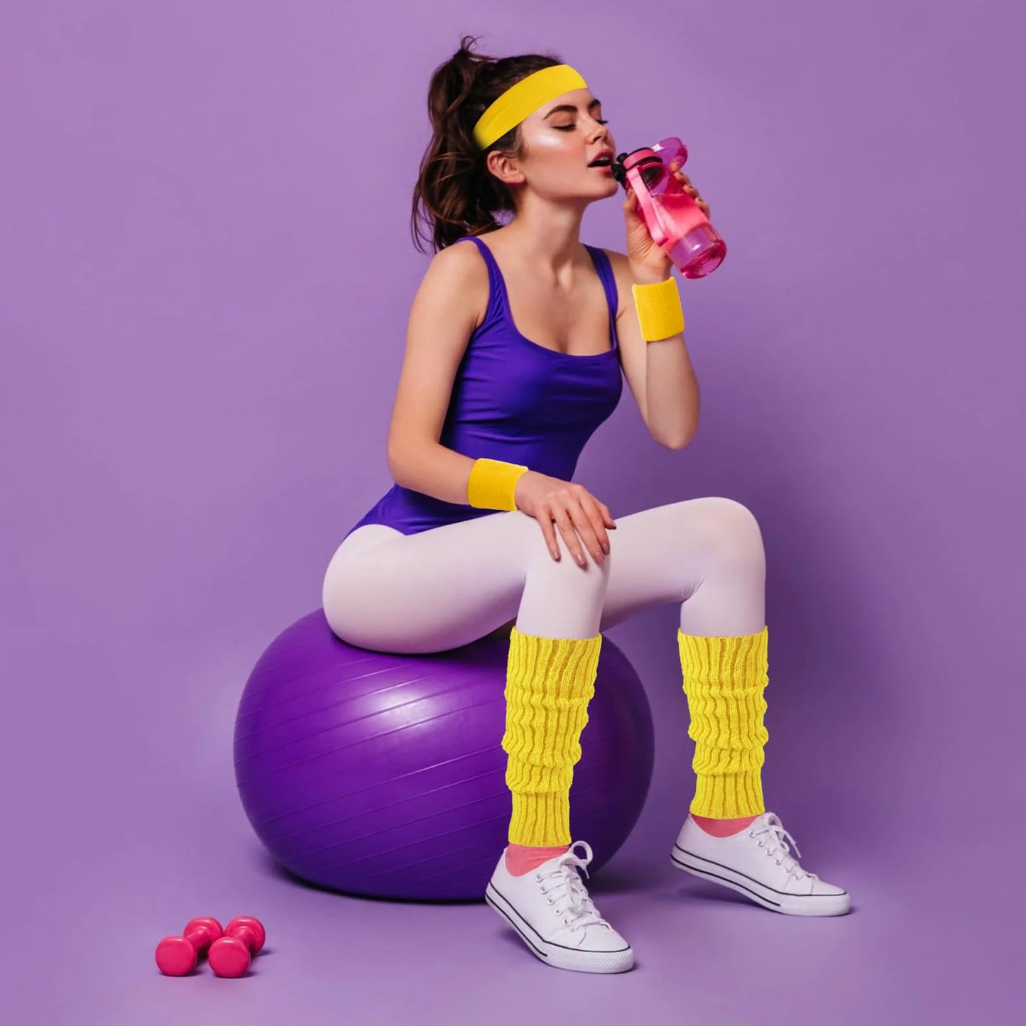 Junely 80s Accessories for Women Neon Leg Warmers Headband and Wristbands Set Knit Legwarmers for Ballet Dance Figure Skating Ice Skating Boot Yellow