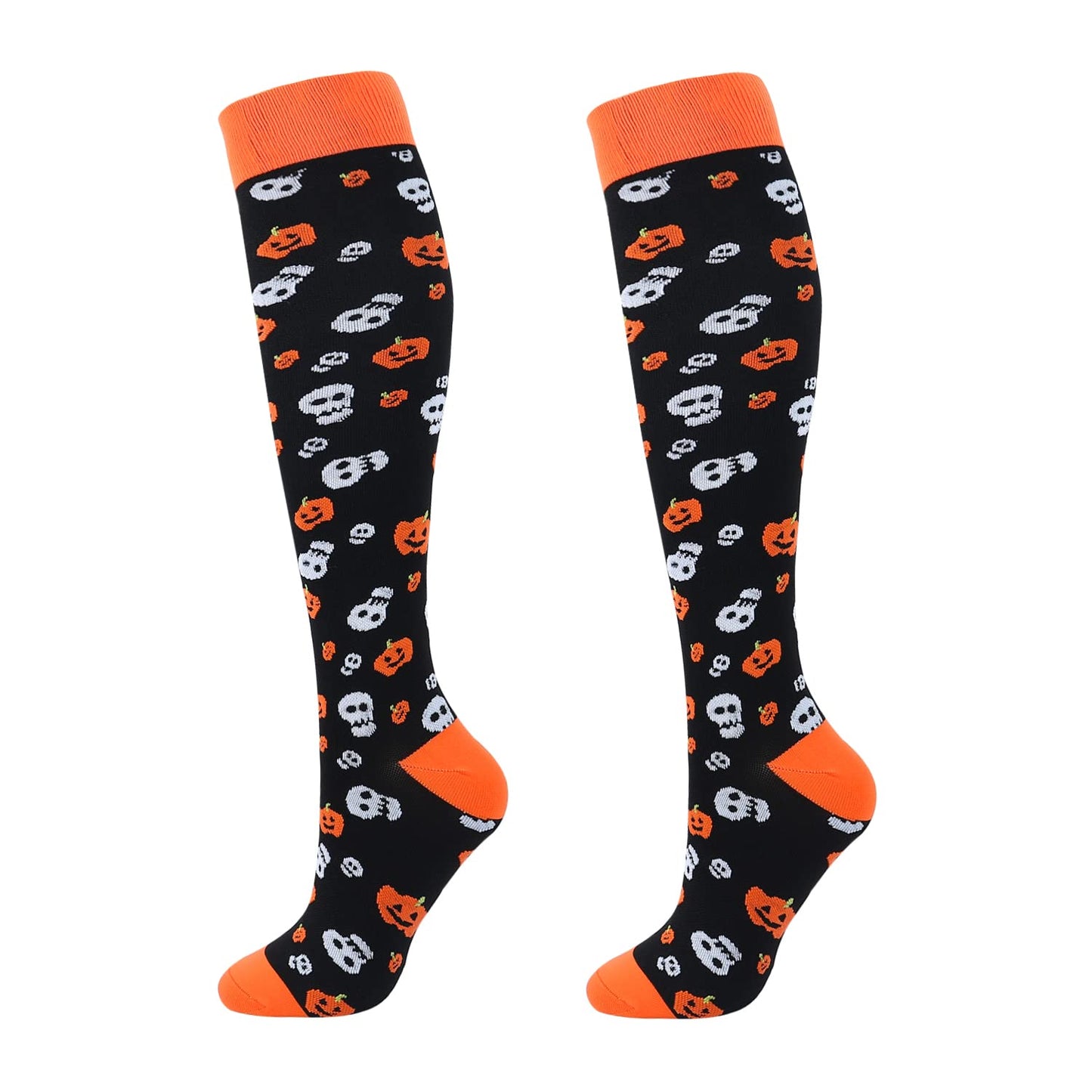 Junely Halloween Compression Socks for Women 20-30 mmhg Knee High Pumpkin Skeleton Socks for Running Athletic Nurses Pregnant Women Work Support Travel Flight Sports Gifts Orange Black