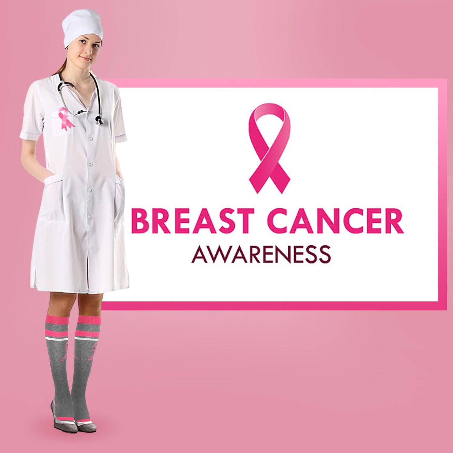 Junely Compression Socks for Women 20-30 mmhg Knee High Breast Cancer Socks for Running Athletic Nurses Pregnant Women Work Support Travel Flight Sports Pink