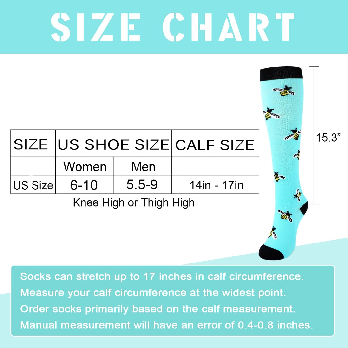 Junely Compression Socks for Women 20-30 mmhg Bee Knee High Stockings for Running Athletic Nurses Pregnant Women Work Support Travel Flight Sports Bee Gifts Blue
