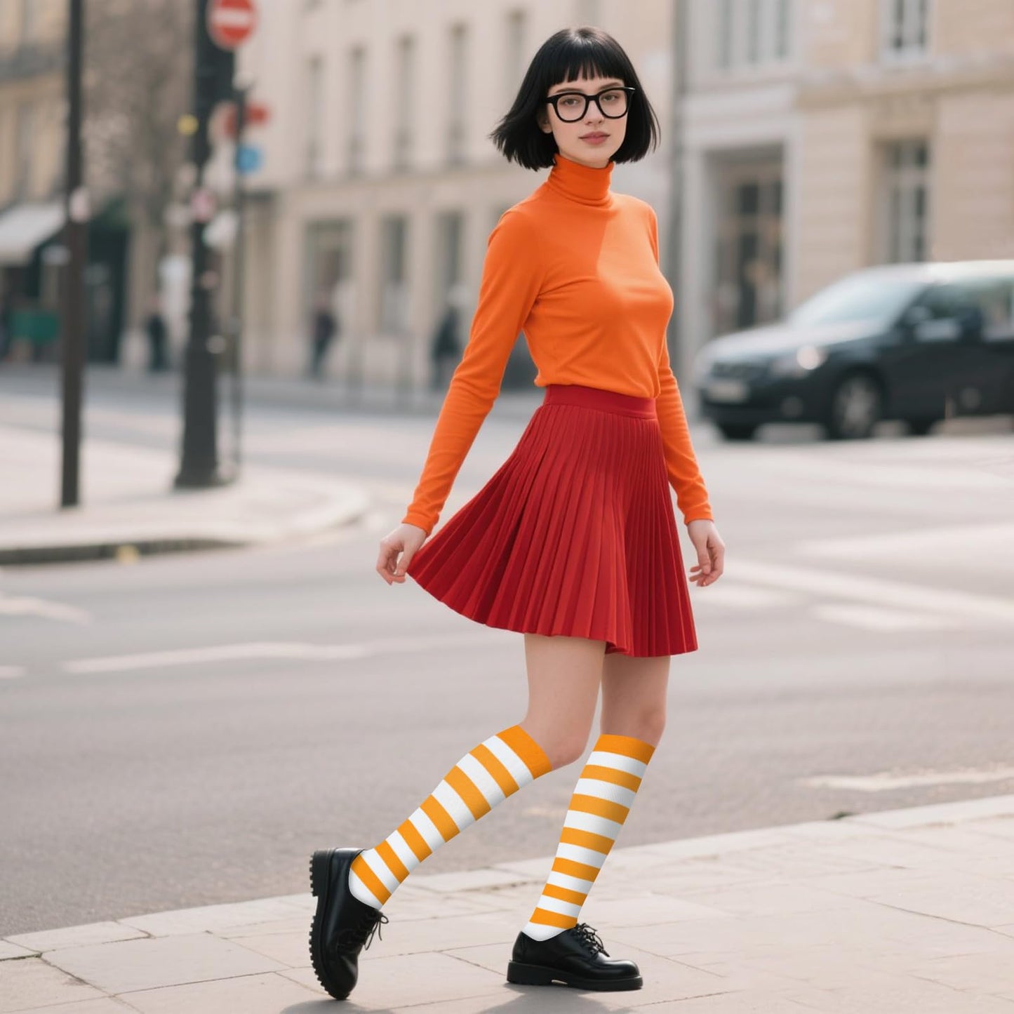 Junely Compression Socks for Women Striped Knee High Stockings for Halloween Running Athletic Nurses Pregnant Women Work Support Travel Flight Sports Gifts Orange and White