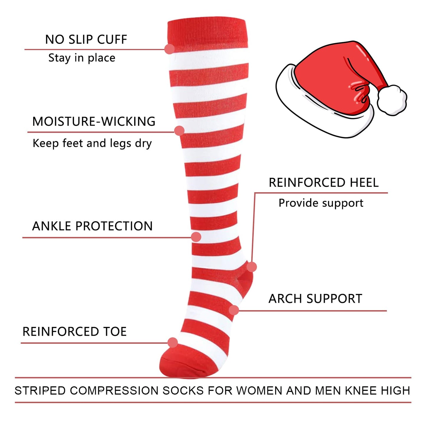 Junely Compression Socks for Women Striped Knee High Stockings for Christmas Halloween Running Athletic Nurses Pregnant Women Work Support Travel Flight Sports Gifts Red White