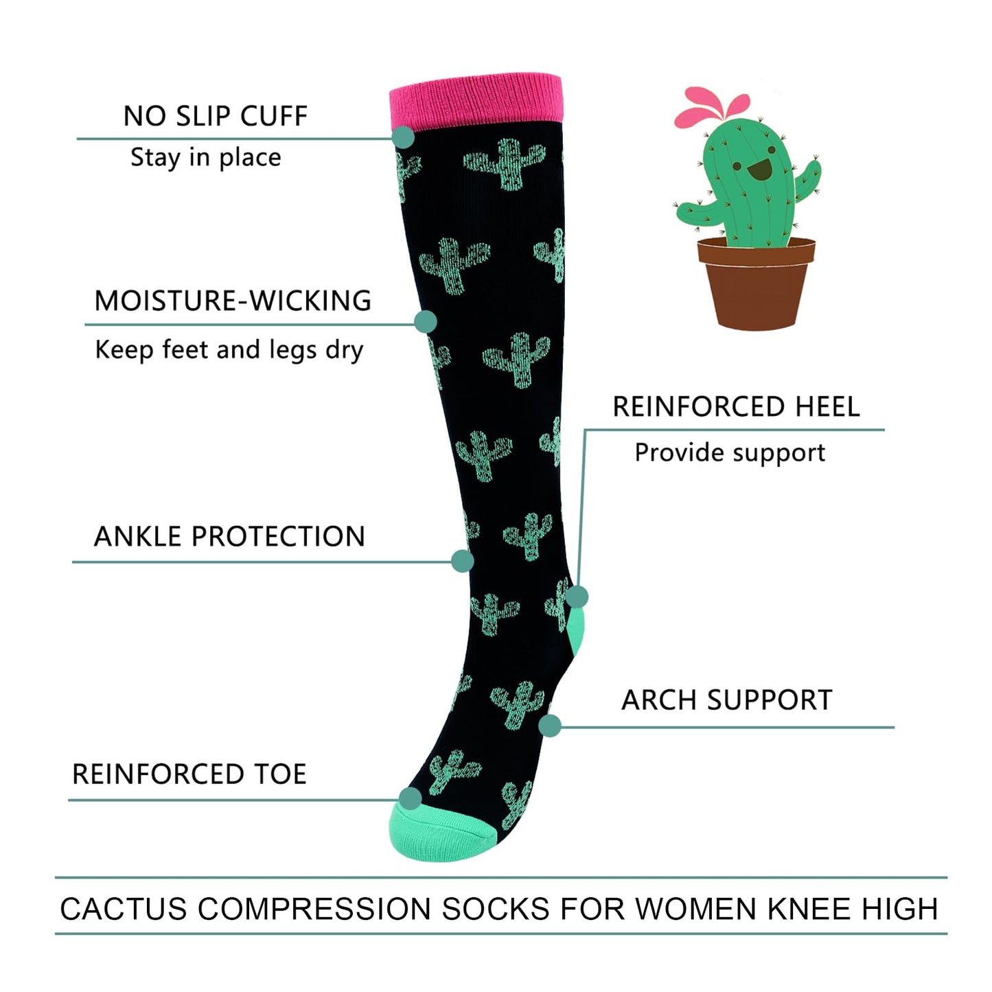 Junely Compression Socks for Women Cactus Knee High Socks for Running Athletic Nurses Pregnant Women Work Support Travel Flight Sports Fall Orange Black Blue