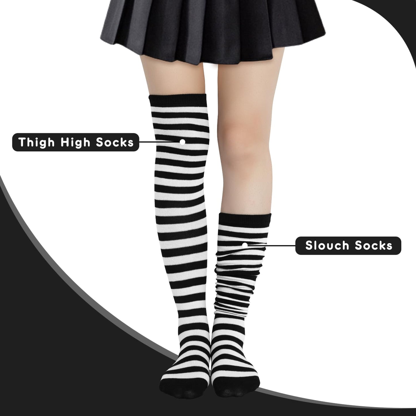 Junely Thigh High Socks and Gloves Black and White Striped Fingerless Gloves and Stockings Set Over the Knee Extra Long Christmas Cosplay Costume Accessories