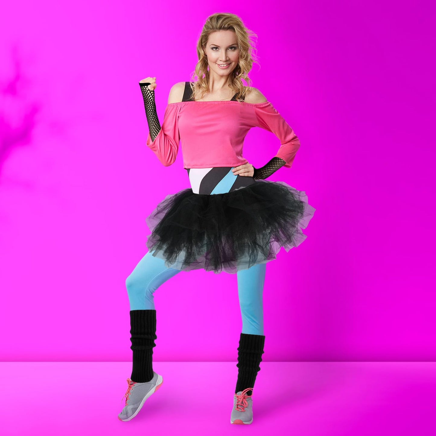Junely 80s Tutu for Women Adults and Leg Warmers and Fingerless Gloves Gothic Halloween Accessories for Ballet Dance Running Black