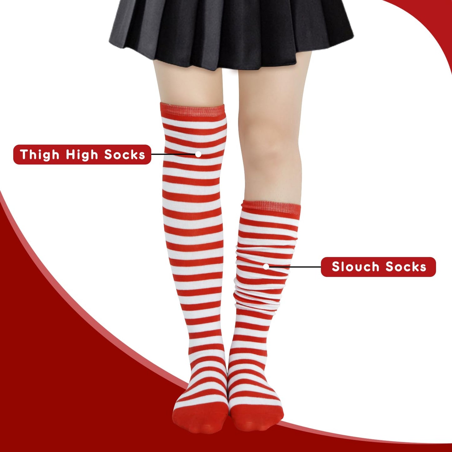 Junely Thigh High Socks and Gloves Red and White Striped Fingerless Gloves and Stockings Set Over the Knee Extra Long Halloween Christmas Cosplay Costume Accessories