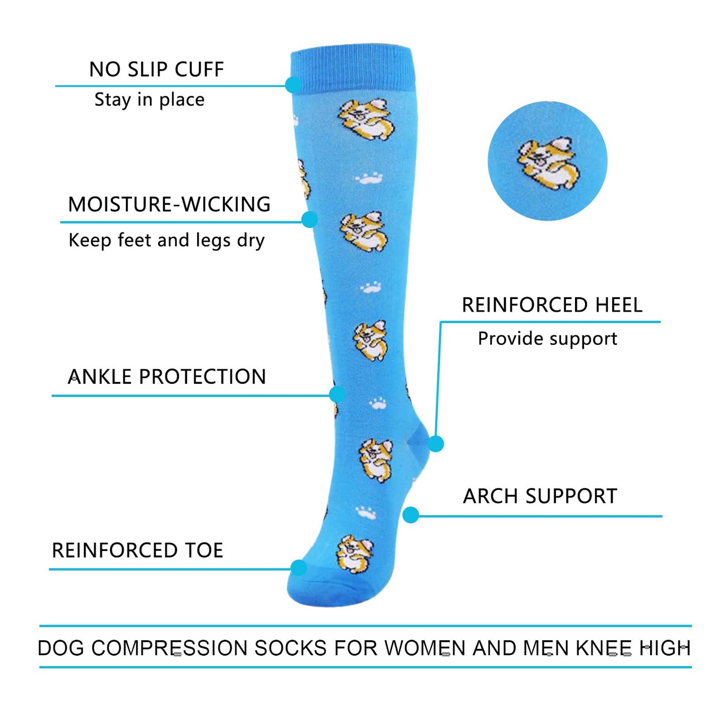 Junely Compression Socks for Women 20-30 mmhg Dog Knee High Stockings for Running Athletic Nurses Pregnant Women Work Support Travel Flight Sports Dog Mom Gifts Blue