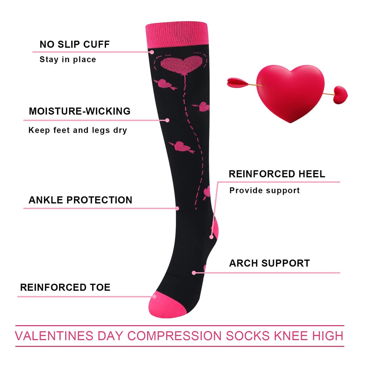 Junely Valentines Day Compression Socks for Women 20-30 mmhg Knee High Heart Socks for Valentine Running Athletic Nurses Pregnant Women Work Support Travel Flight Sports Pink