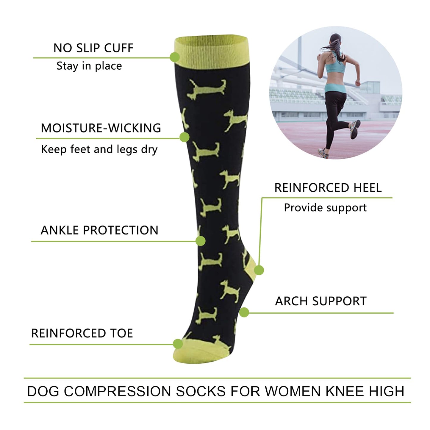 Junely Compression Socks for Women Dog Knee High Socks for Running Athletic Nurses Pregnant Women Work Support Travel Flight Sports Black Blue Green