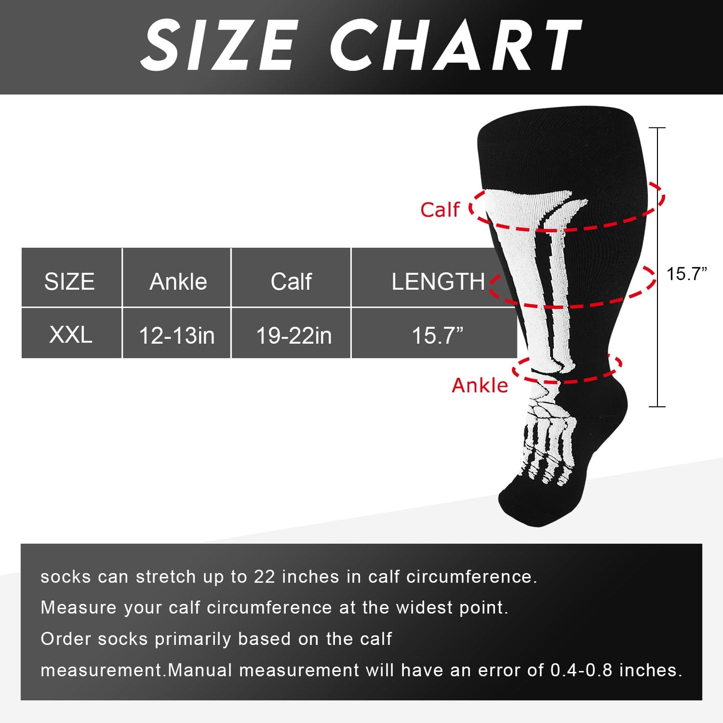 Junely Compression Socks for Women Wide Calf Knee High Skeleton Stockings for Halloween Running Athletic Nurses Pregnant Women Work Support Travel Flight Sports Gifts Black