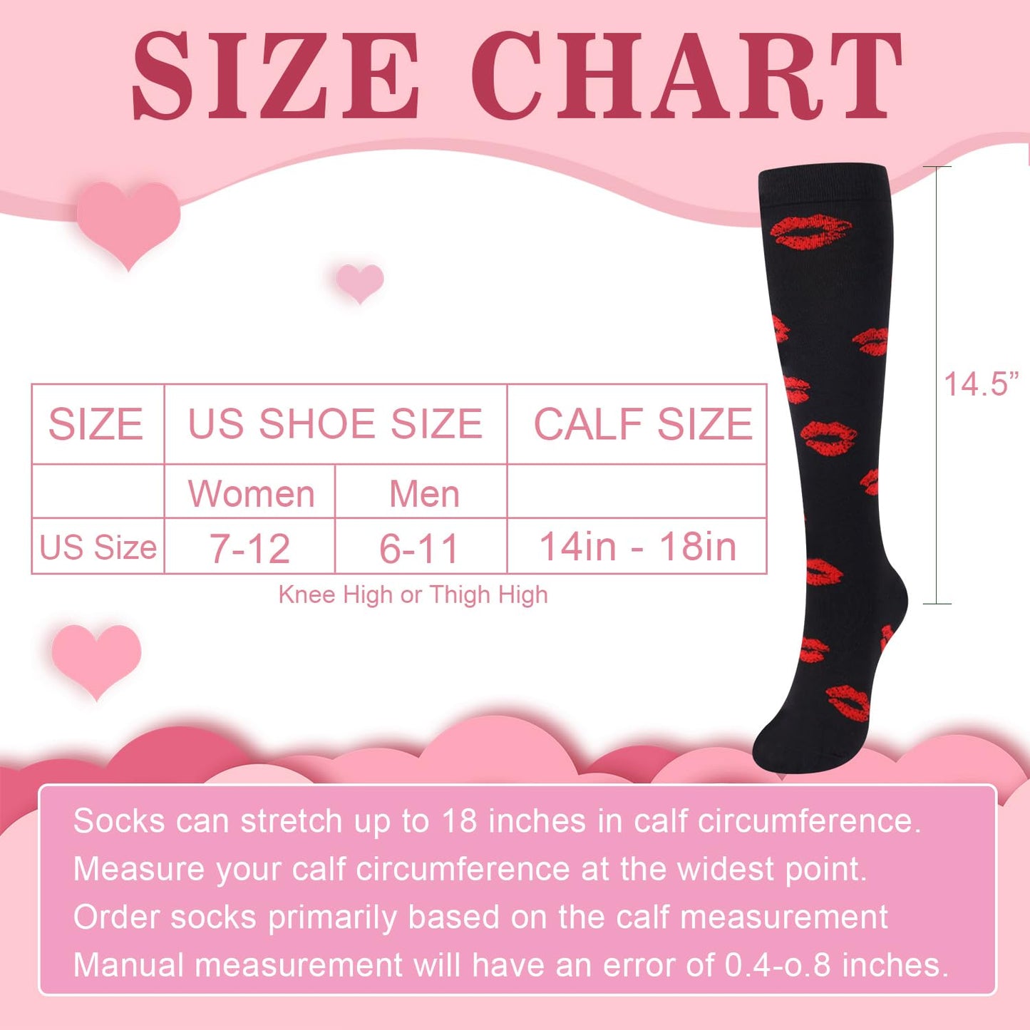 Junely Valentines Day Compression Socks for Women 20-30 mmhg Knee High Lip Socks for Valentine Running Athletic Nurses Pregnant Women Work Support Travel Flight Sports Black