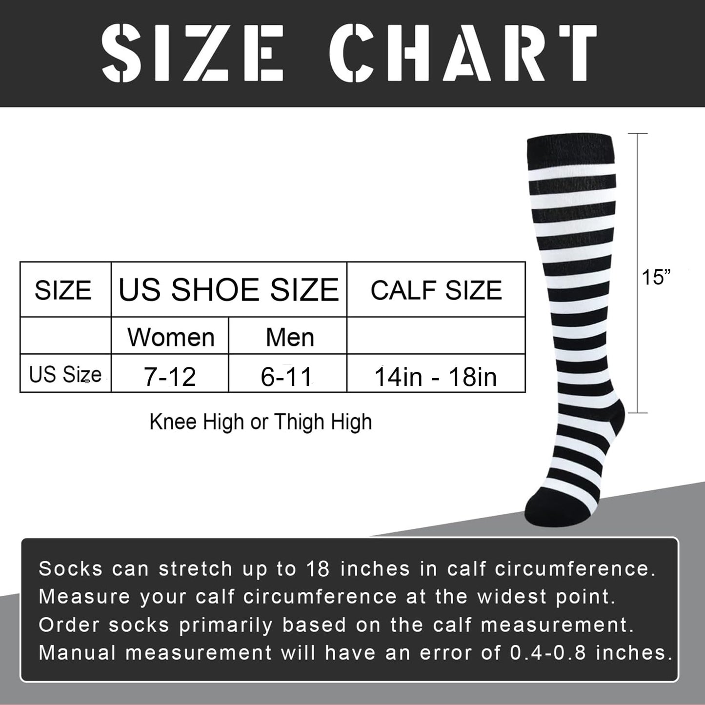 Junely Compression Socks for Women Striped Knee High Stockings for Halloween Goth Running Athletic Nurses Pregnant Women Work Support Travel Flight Sports Gifts Black White