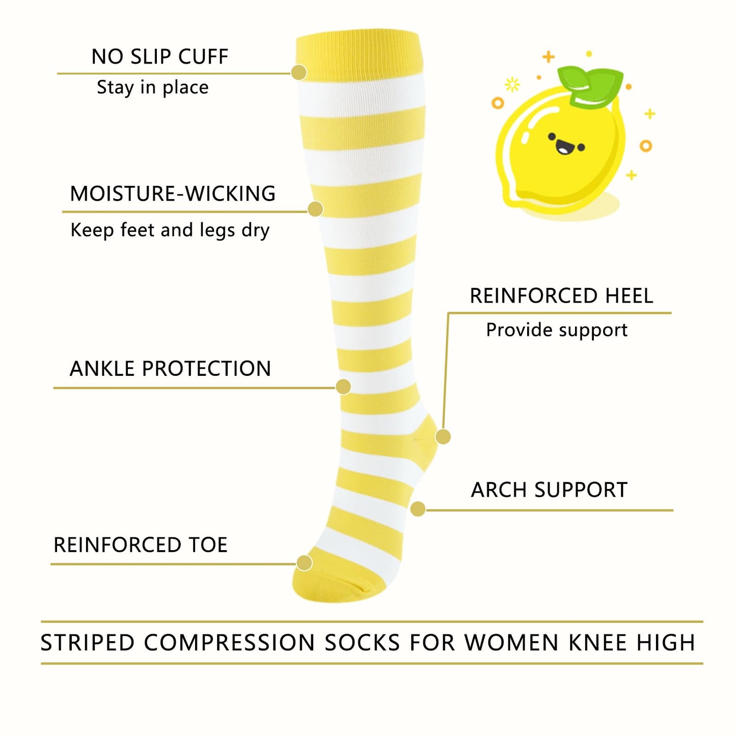 Junely Compression Socks for Women Striped Knee High Stockings for Halloween Running Athletic Nurses Pregnant Women Work Support Travel Flight Sports Gifts Yellow and White