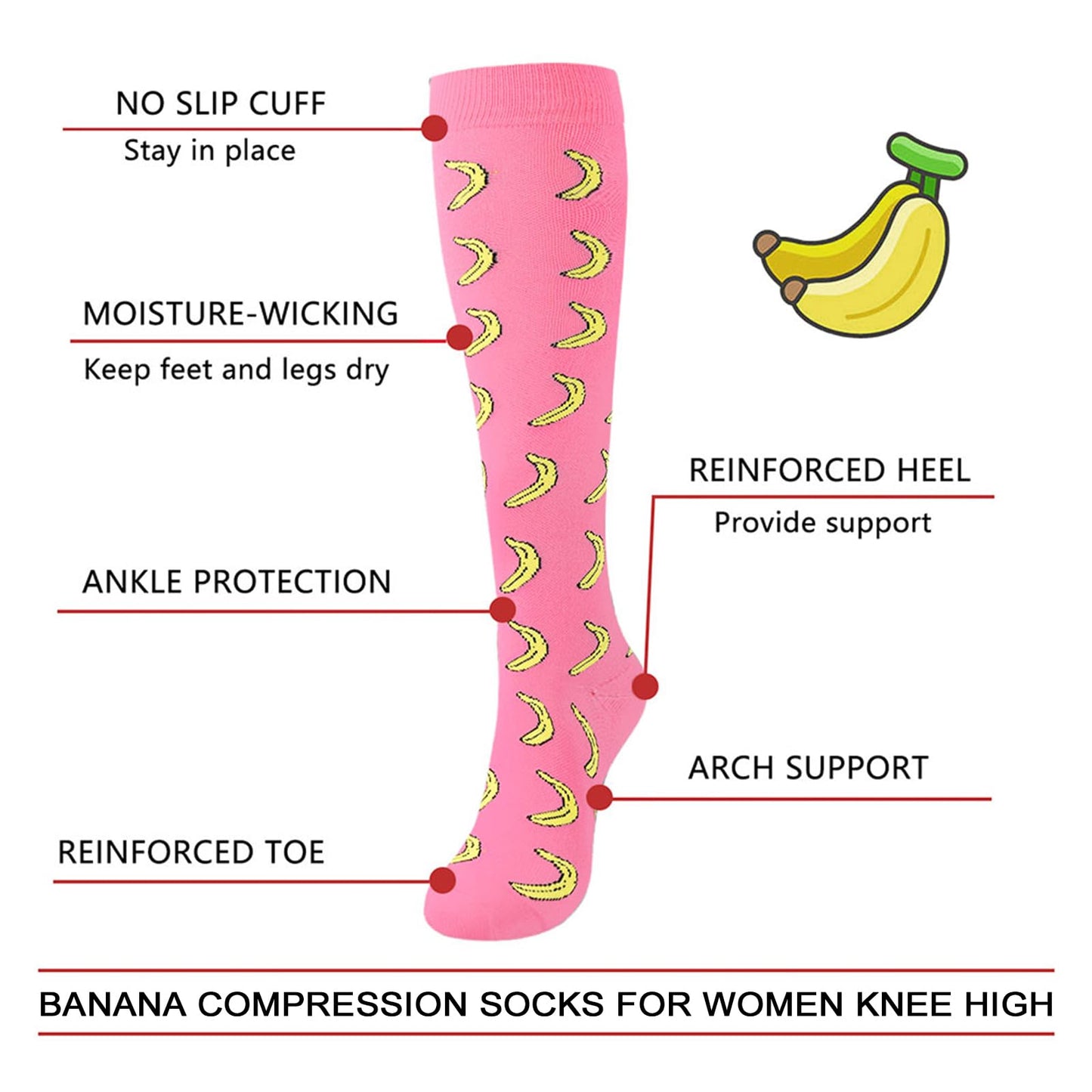 Junely Compression Socks for Women 20-30 mmhg Banana Knee High Socks for Running Athletic Nurses Pregnant Women Work Support Travel Flight Sports Pink