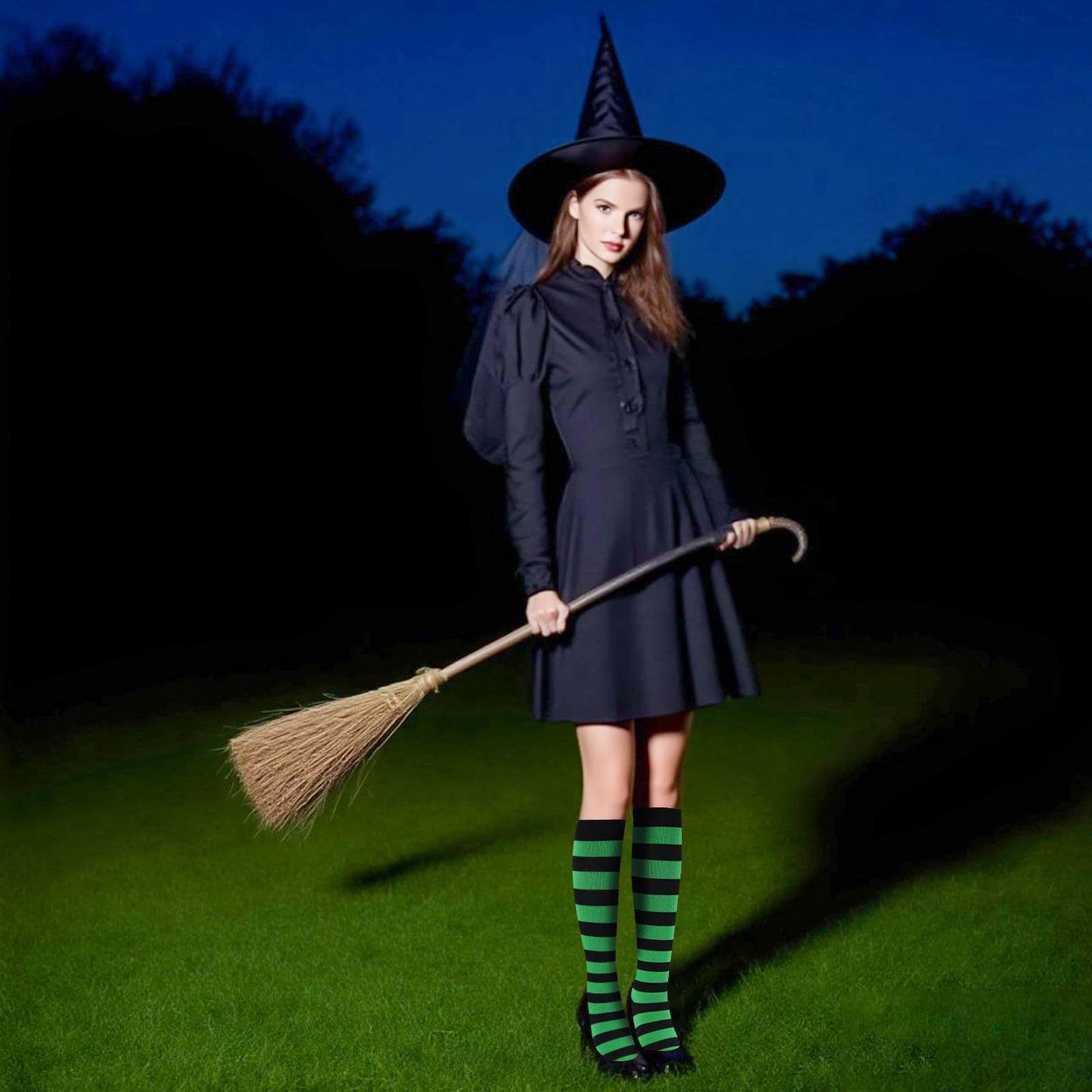 Junely Compression Socks for Women Striped Knee High Stockings for Halloween Running Athletic Nurses Pregnant Women Work Support Travel Flight Sports Gifts Green and Black