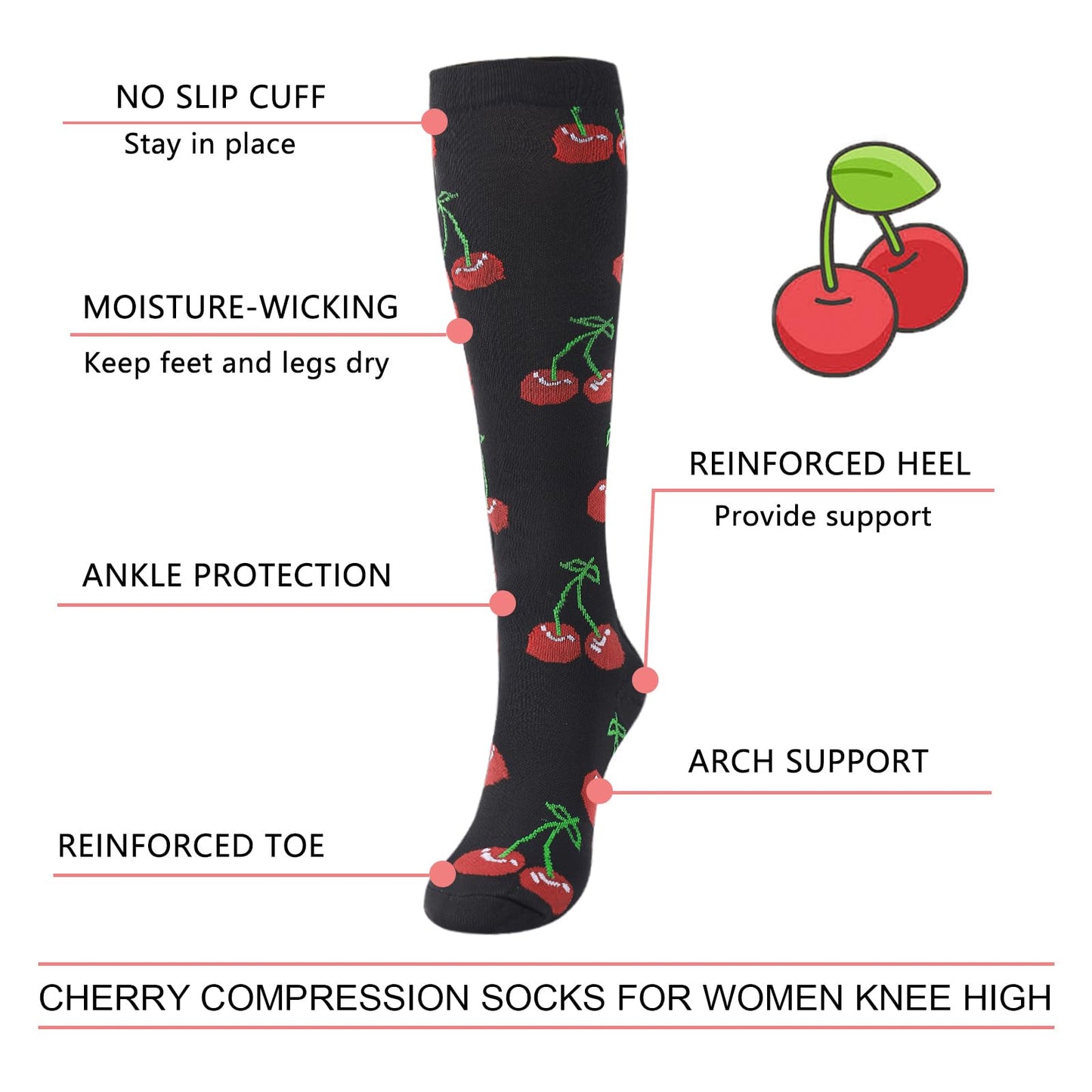 Junely Compression Socks for Women 20-30 mmhg Cherry Knee High Socks for Running Athletic Nurses Pregnant Women Work Support Travel Flight Sports Black