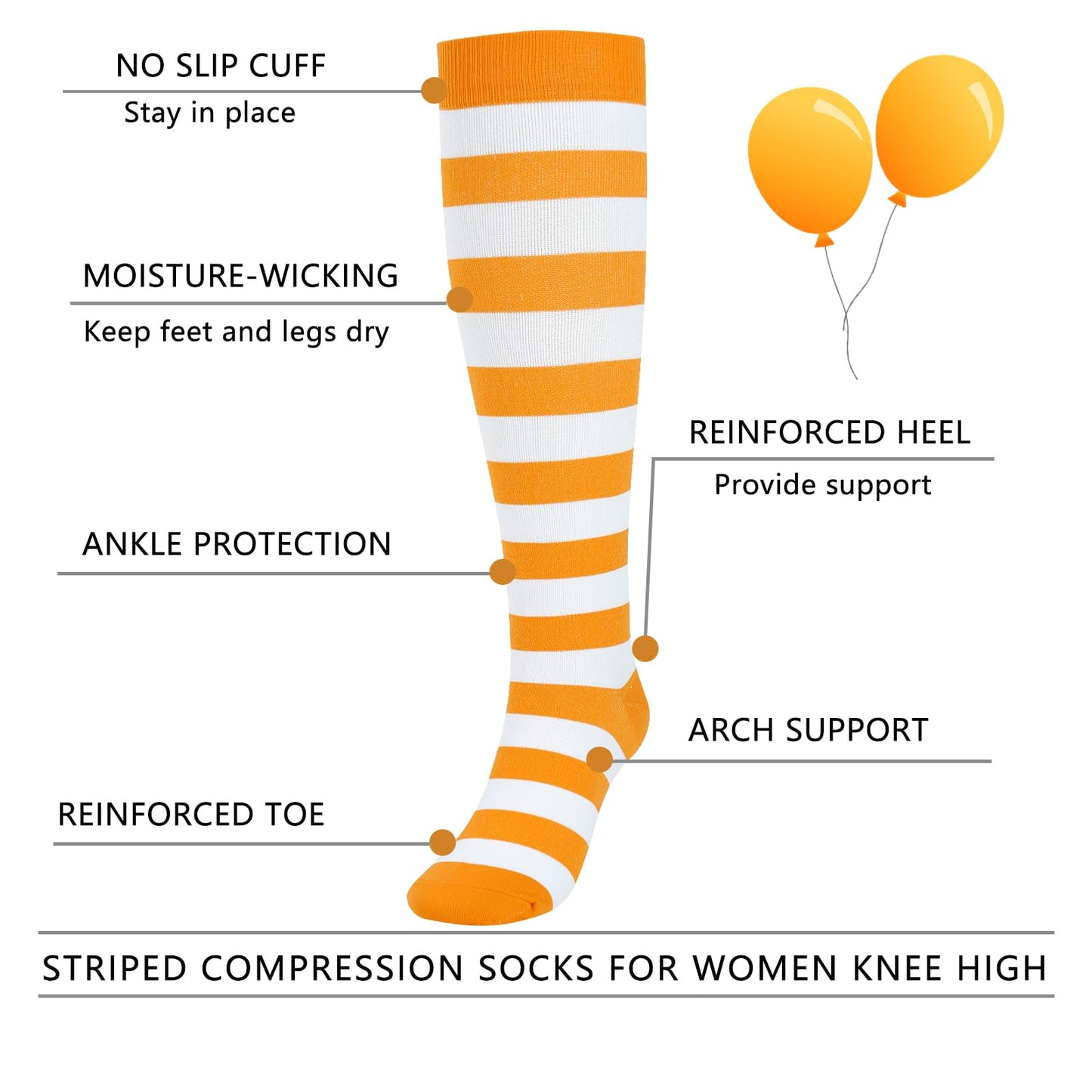 Junely Compression Socks for Women Striped Knee High Stockings for Halloween Running Athletic Nurses Pregnant Women Work Support Travel Flight Sports Gifts Orange and White