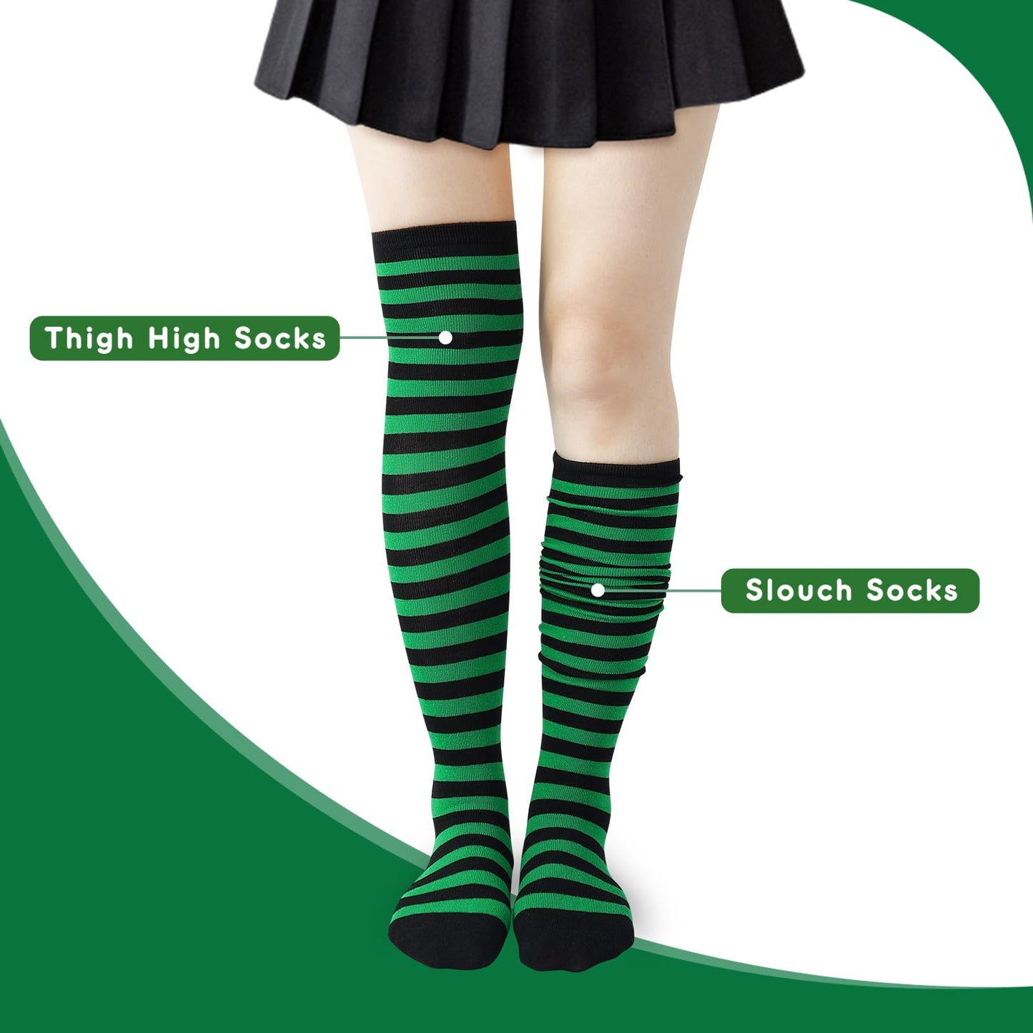 Junely Striped Thigh High Socks Over the Knee Stockings Extra Long Halloween Cosplay Costume Accessories Gifts Green and Black