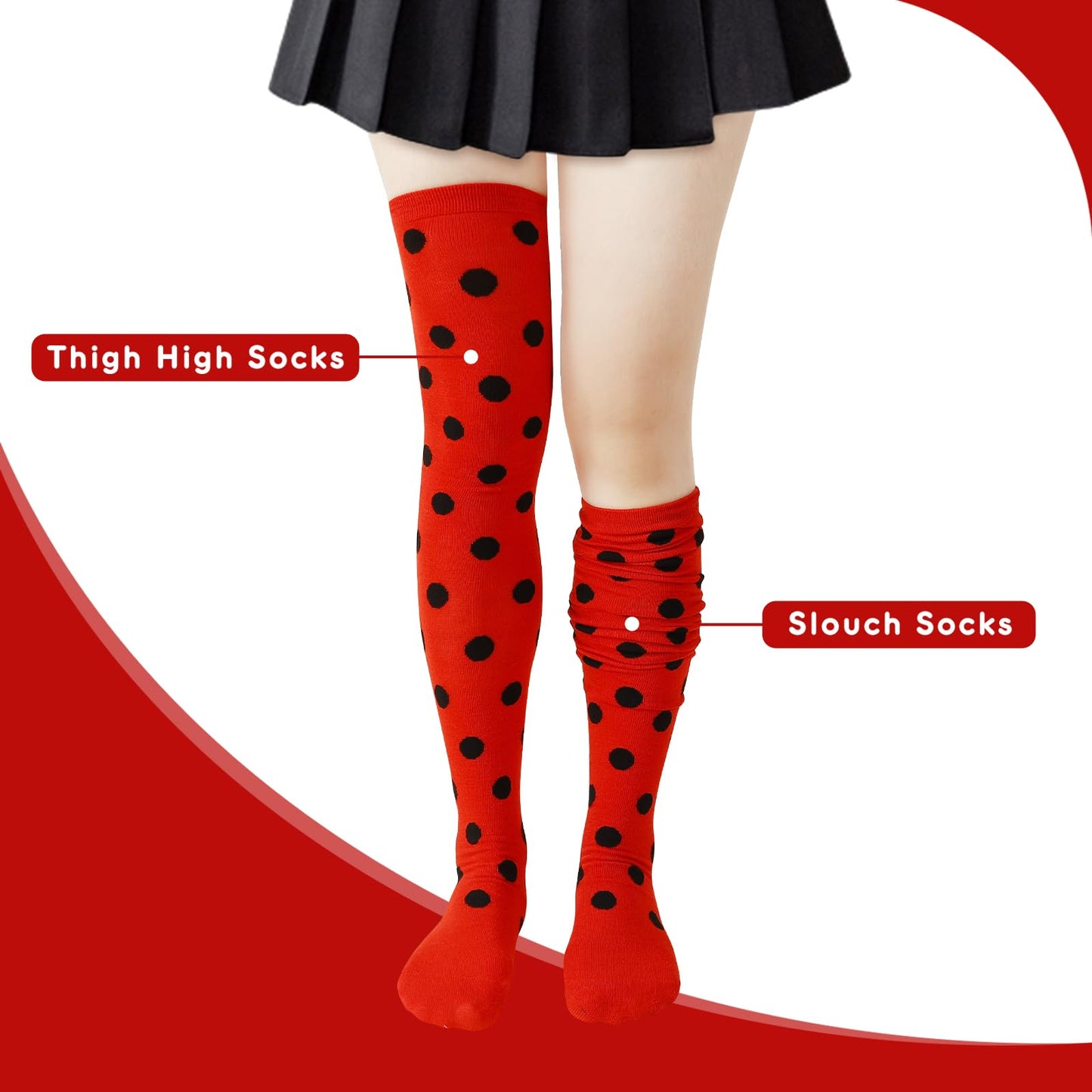 Junely Polka Dot Thigh High Socks Over the Knee Stockings Extra Long Halloween Cosplay Costume Accessories Gifts Red